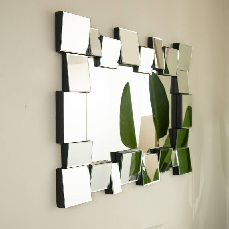 Reage Geometric Square-Spliced PU Art Decorative Mirror - Wall-Mounted, Bathroom, Bedroom - Silver