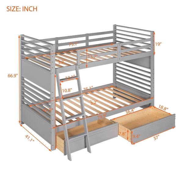 Twin over Twin Wood Bunk Bed with Ladder and Two Drawers, Grey