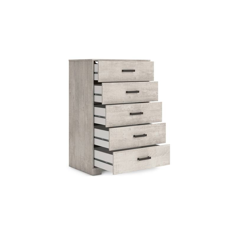 Shawn Tall Dresser Chest, 5 Drawers, Black Handles, Light Gray 46 Inch