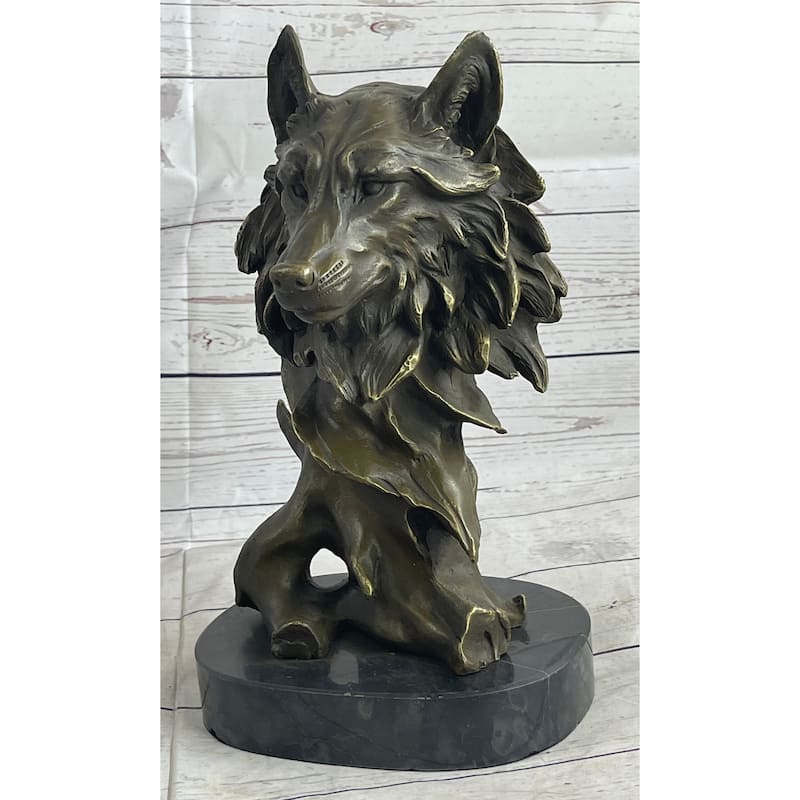 Abstract Bronze Imitative Wolf Head Bust Statue Sculpture Signed Original Collectible 12 Inches X 7 Inches