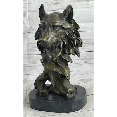 Abstract Bronze Imitative Wolf Head Bust Statue Sculpture Signed Original Collectible 12 Inches X 7 Inches