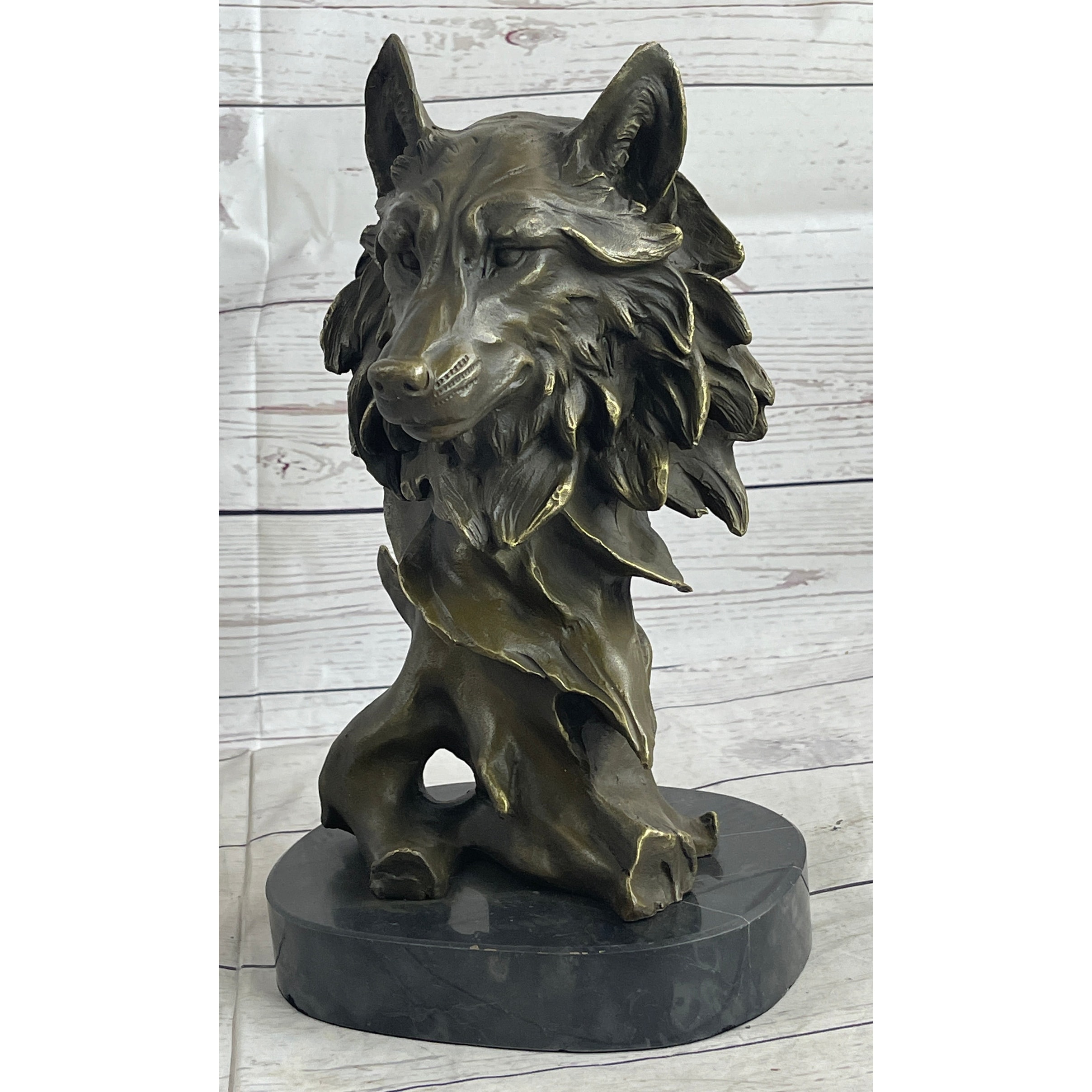 Abstract Bronze Wolf Head Bust Statue Sculpture Signed Original Collectible 12 Inches X 7 Inches