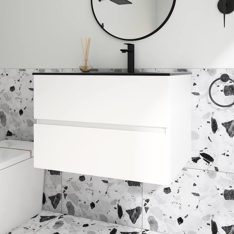 Wall-Mounted Bathroom Vanity Set in White with Black Quartz Top and Integrated Sink