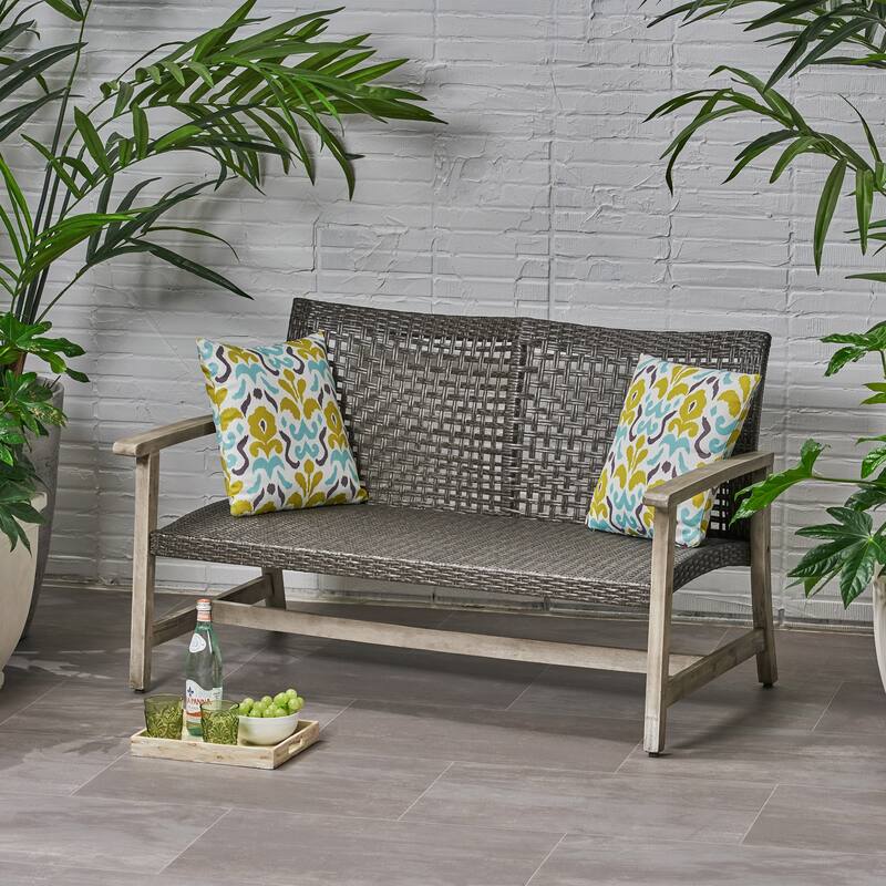 Roomfitters 2-Seater Outdoor Wicker Patio Loveseat with Acacia Wood Frame and Curved Backrest - Grey