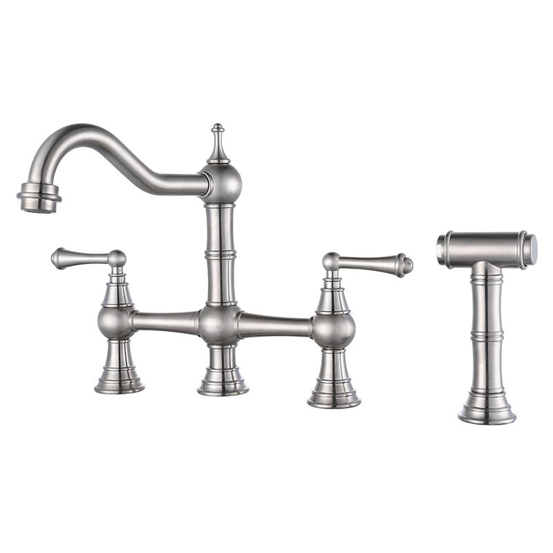 WOWOW Double Handle Bridge Kitchen Faucet with Side Sprayer - Brushed Nickel