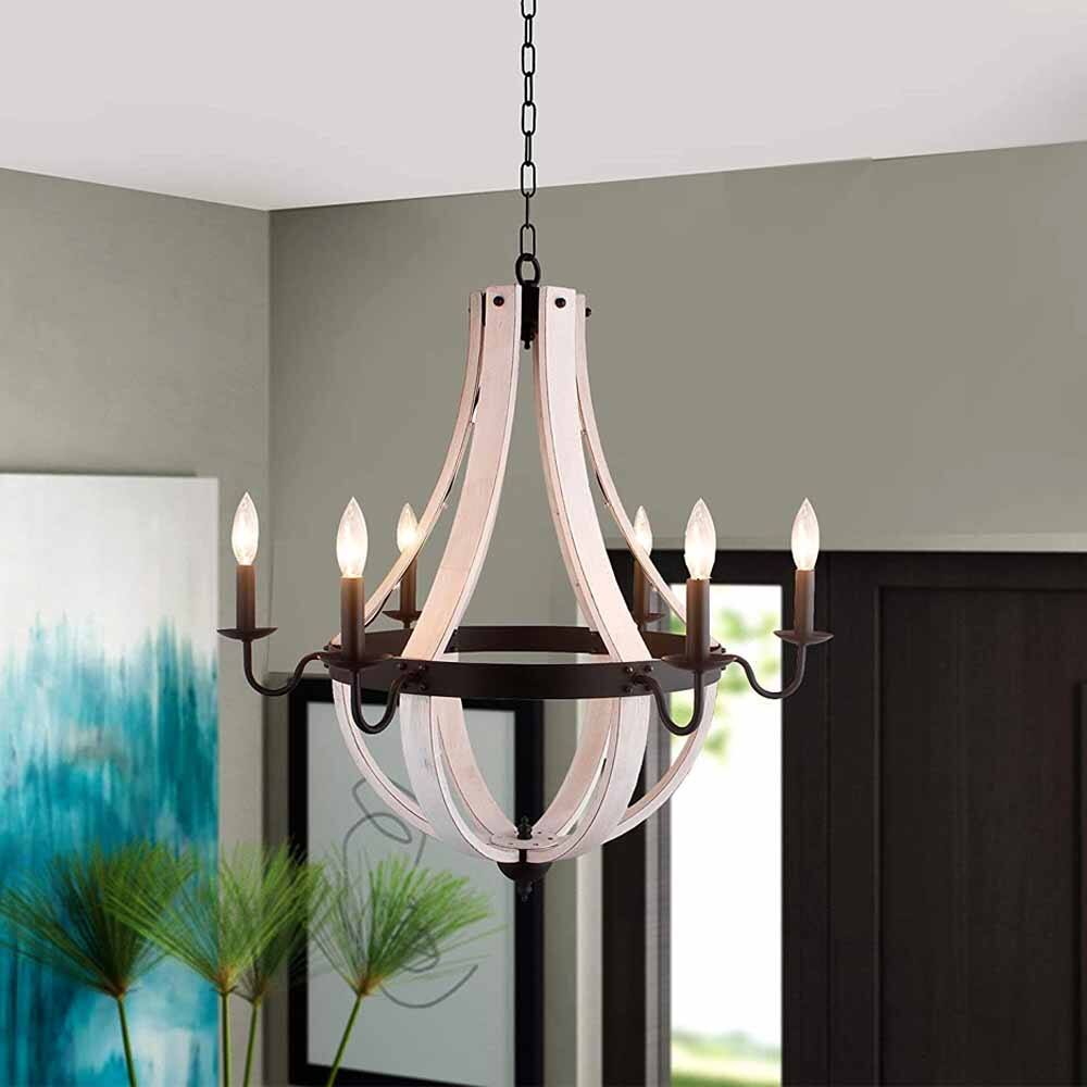 Cassidi 6 light chandelier in Antique White wood and Matte black metal - Antique White