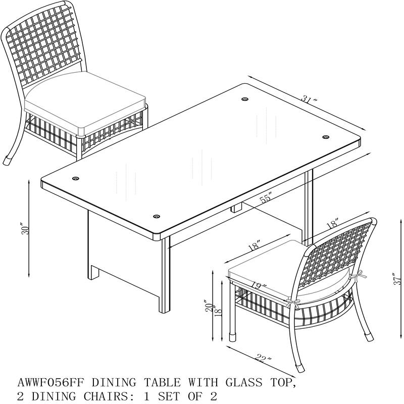 Asti All-Weather Wicker 3-Piece Outdoor Dining Set with 30"H Table with Glass Top and Two 37"H Dining Chairs
