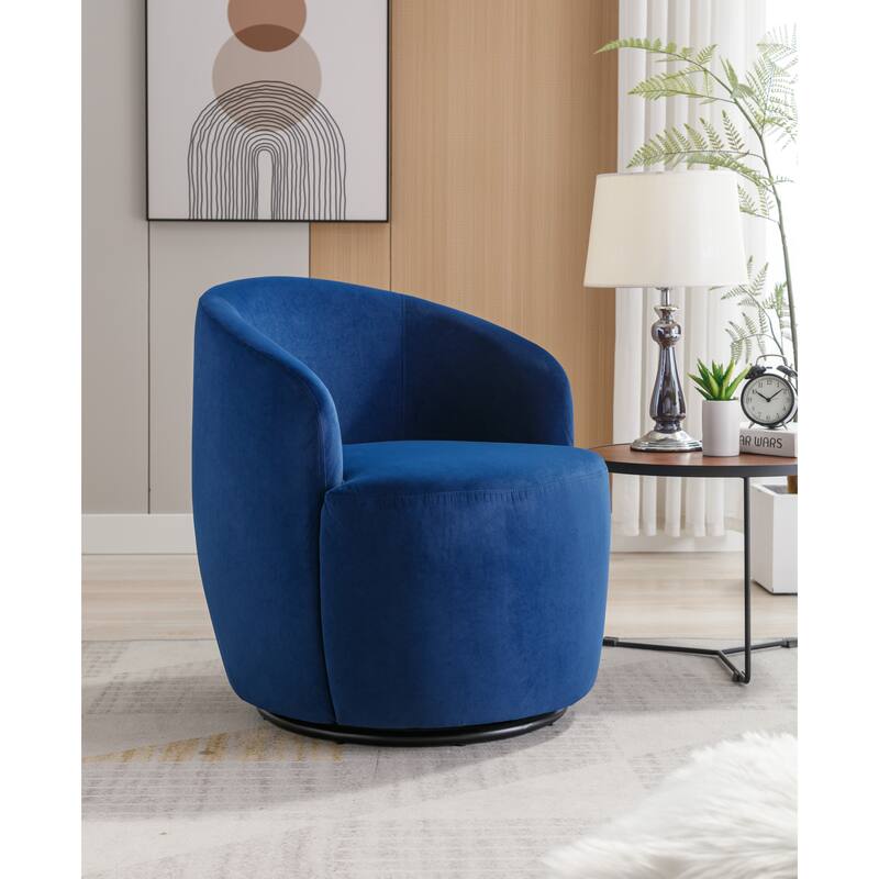 Modern Barrel Swivel Accent Chair with Metal Base, Round Velvet Upholstered Reading Chair w/ Curved Back for Living Room Bedroom