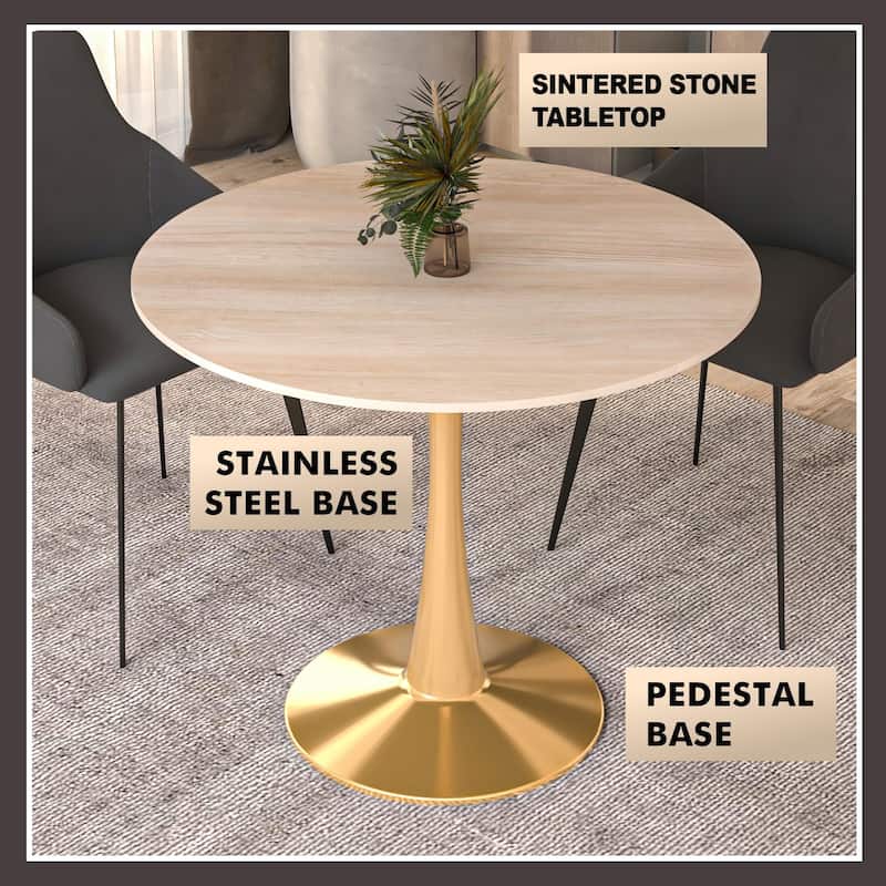 Bristol 31" Round Dining Table for 4 with Sintered Stone Tabletop in Gold Steel Base for Kitchen & Dining Room