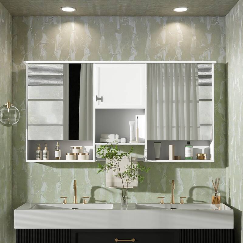 55 Inch Wall Mounted Mirror Cabinet with Adjustable Shelf, Soft Close Hinges, Bathroom Storage Organizer