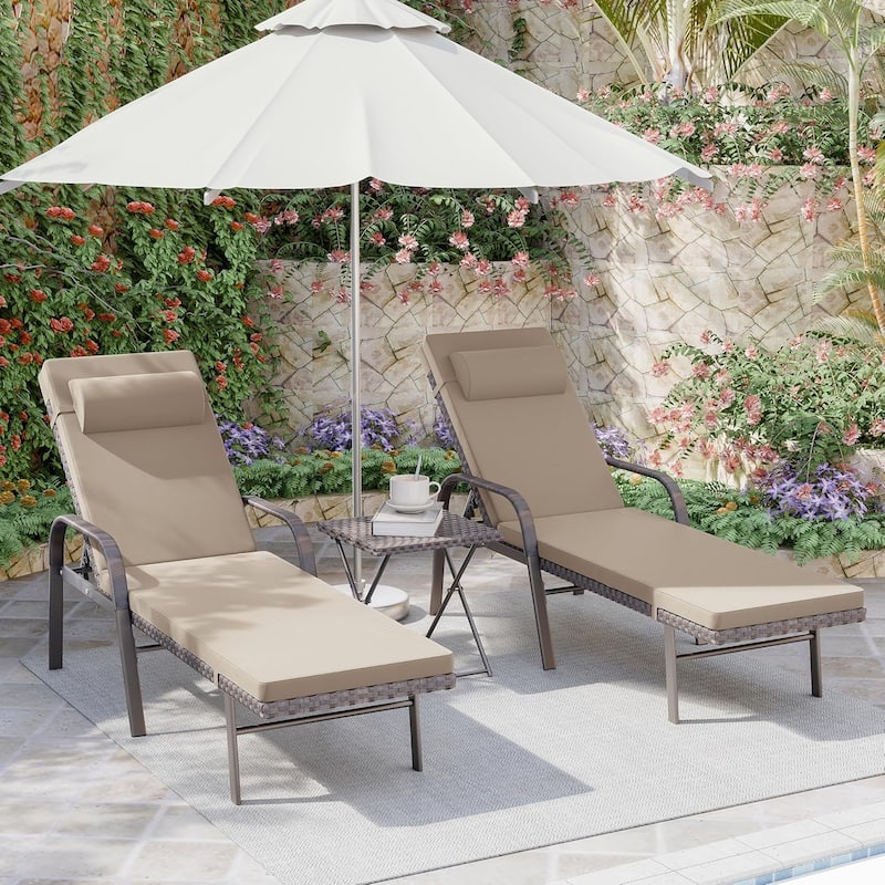 3-Piece Outdoor Wicker Chaise Lounge with Armrests and Cushions