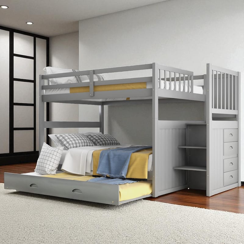 Full Over Full Bunk Bed with Twin Trundle, Storage Staircase with Drawers, Solid Pine Wood, No Box Spring Needed