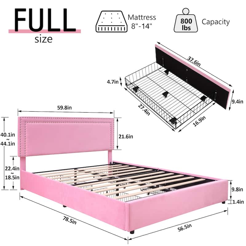VECELO Upholstered Storage Bed Frames with 4 Storage Drawers Platform Bed Frame with Adjustable Velvet Rivets Headboard