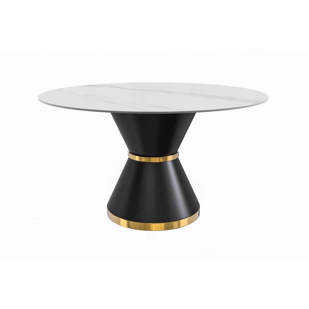 Qorvus Round Glass or Sintered Stone Tabletop Dining Table with Black and Gold Pedestal Base for Kitchens or Dining Rooms