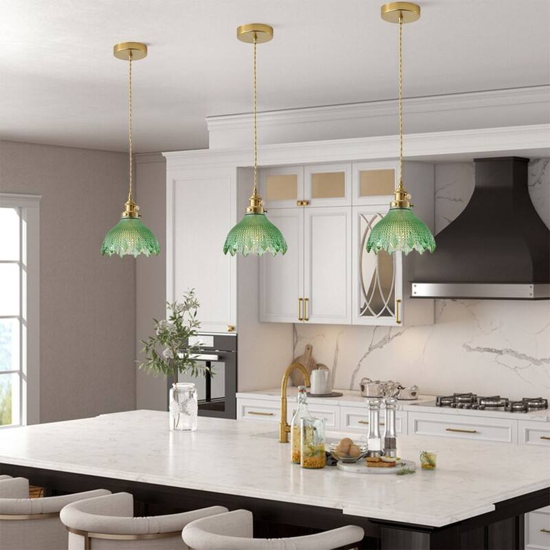 Modern 1 Light Dark Green Glass Pendant Light Electroplated Brass Ceiling Fixture