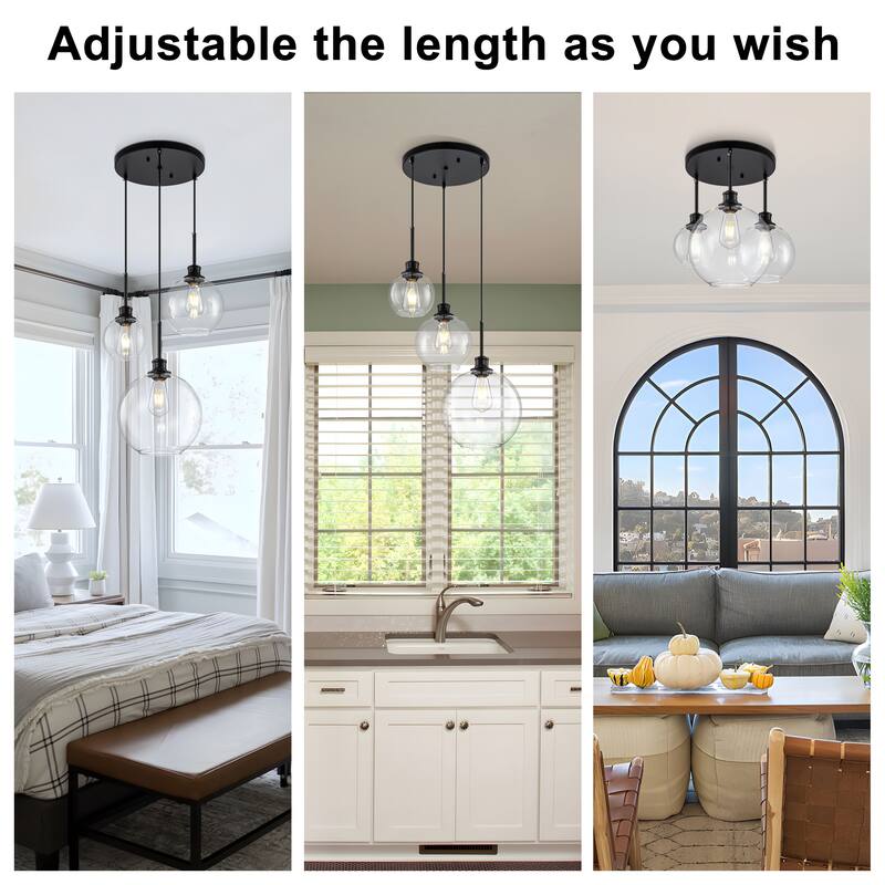 Starsky Modern 3-Light Clear Glass Chandelier Cluster Adjustable Height Pendant Lights for Kitchen Dining Room