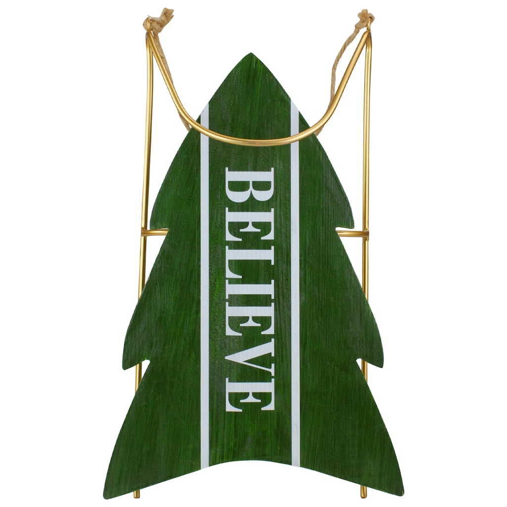 Wooden "Believe" Christmas Snow Sled Decoration - 18.25" - Green