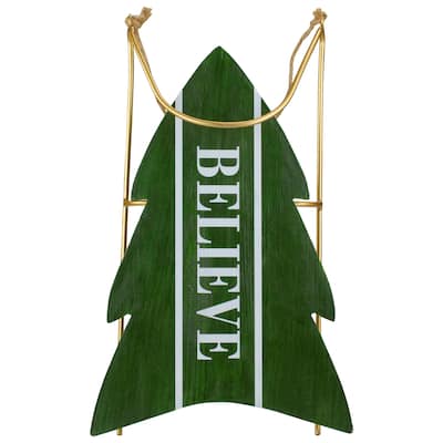 18.25" Green Wooden "Believe" Christmas Snow Sled Decoration