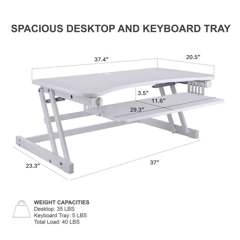 Rocelco 37.5 in. W White Height Adjustable Standing Desk Converter with Dual Monitor Mount and Anti Fatigue Mat Tray