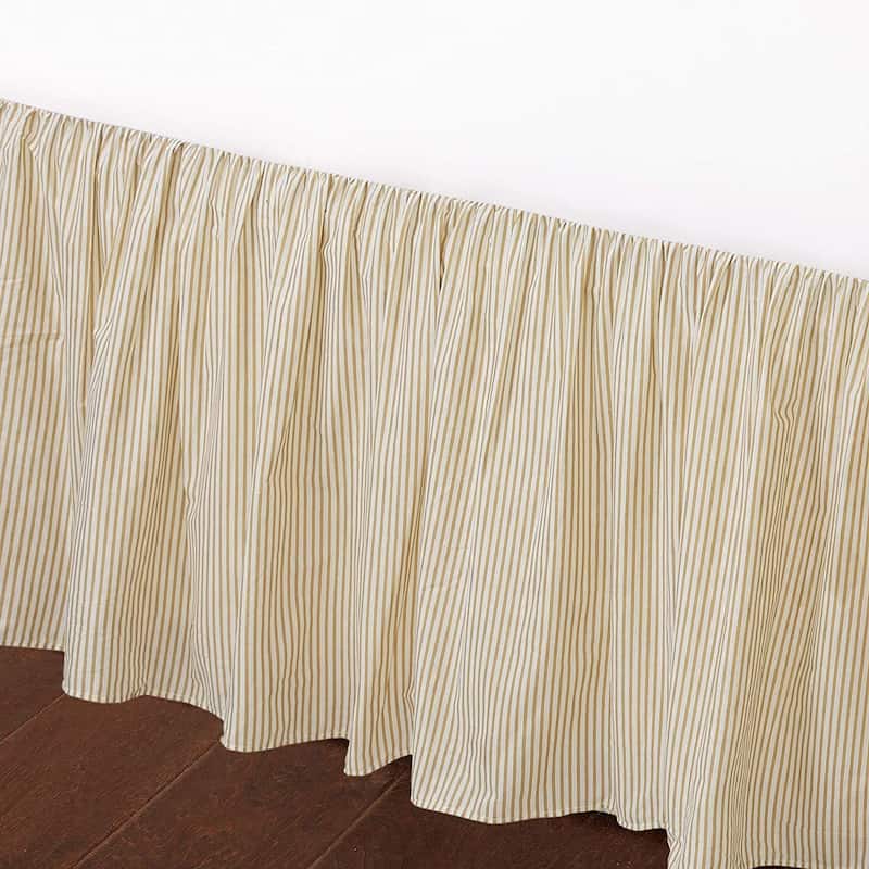 Cozy Line Golden Farmhouse Ticking Cotton Bed Skirt Cream Striped Ruffled Dust Ruffle, Tailored 16" Drop