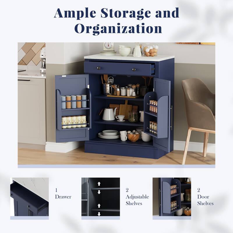 Freestanding Modern Kitchen Pantry with Faux Marble Top, 2 Adjustable Shelves, Drawer & 2 Door Shelves