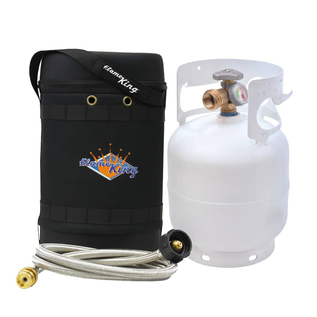 Flame King Gas Hauler Pro Kit - Insulated Protective Carry Case, 5LB Propane Tank with Built-in Gauge and 5-FT Hose for Camping