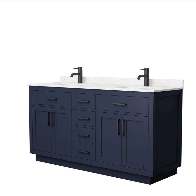 Beckett TK 66-inch Double Vanity, Cultured Marble Top - Dark Blue, Black Trim,Carrara Cultured Marble Top