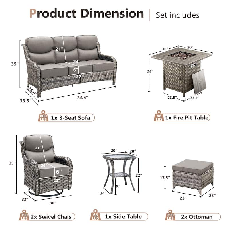 Pocassy Outdoor 6" Sofa Swivel Chairs with Fire Table Funiture