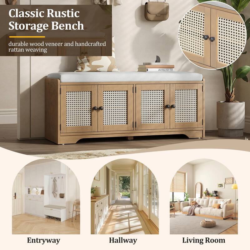 Rustic Storage Bench with Removable Cushion, Woven Rattan Doors & Adjustable Shelves