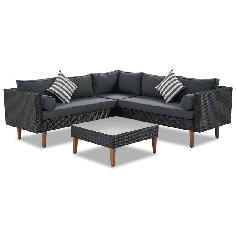 4-Pieces Outdoor Wicker L-Shaped Sectional Sofa Set with Coffee Table and Colorful Pillows