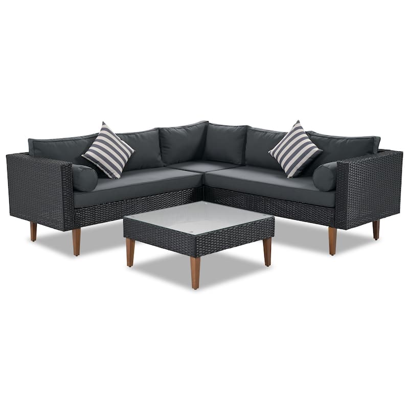 Roomfitters 4-Piece Outdoor Sectional Sofa Set with Glass Coffee Table, Tapered Wood Legs Rattan Furniture, Black+Gray