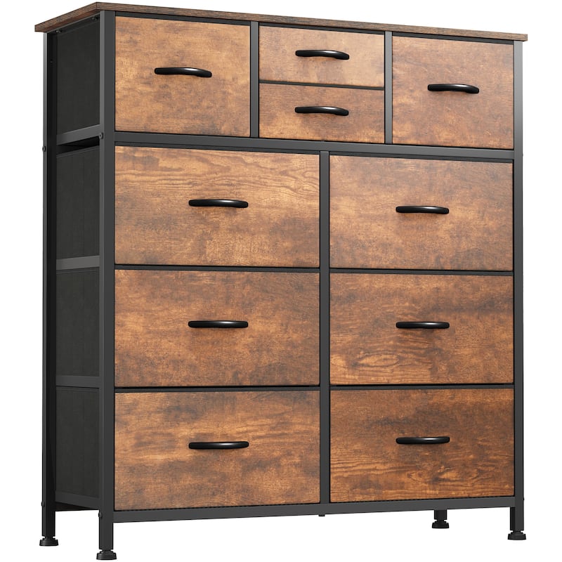 Moasis Rustic Wood-grain Badroom Dresser with Metal Frame, Wooden Top - 10-drawer