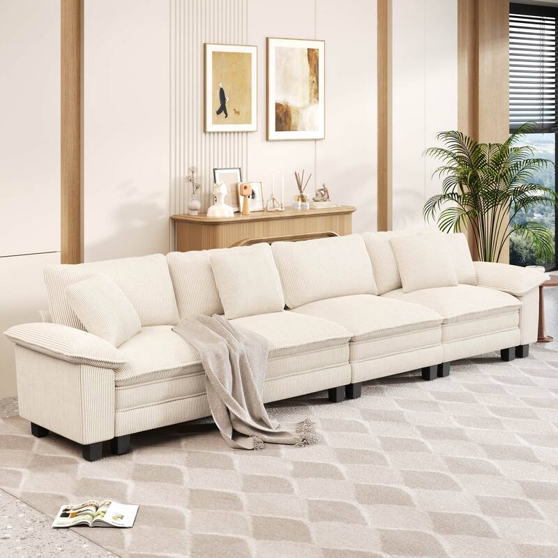MAISON ARTS Cloud Modular Deep Seat Sofa, Chenille or Corduroy Sectional Couch with Removable Arms, 1–4 Seater - Beige Corduroy(4 Pieces) - Symmetrical