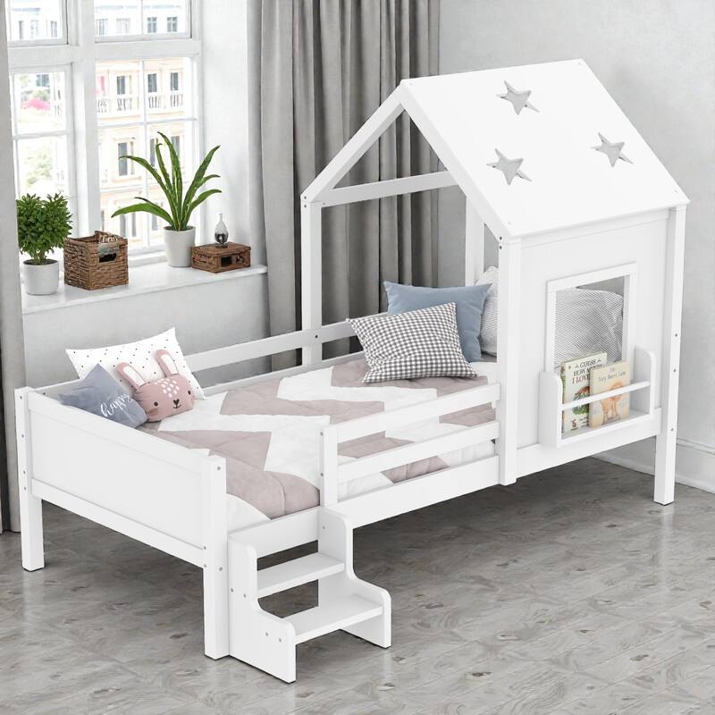 Kids House Platform Bed with Stairs, Star Roof, Window, Bookcase & Blackboard, Solid Wood Low Profile Bed No Box Spring