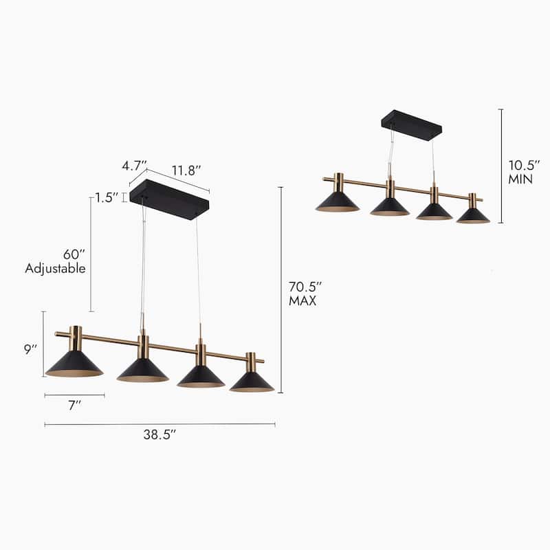 Modern Linear 4-Light 38.5" L Black Gold Bowl-shaped LED Chandelier Industrial Metal Kitchen Island Lights for Dining Room