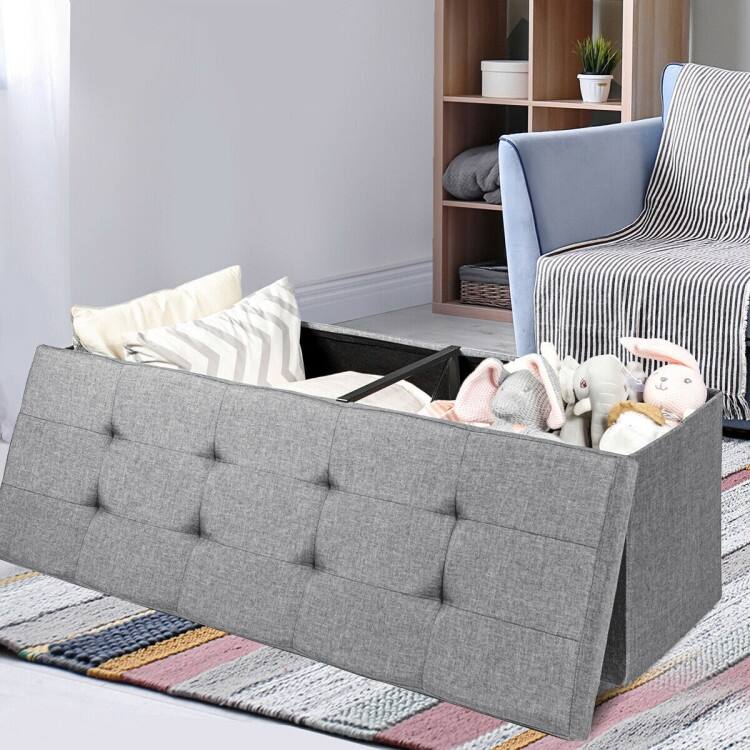 Foldable Storage Ottoman Bench with Divider and Tufted Seat in Oxford Fabric for Living Room Bedroom Entryway