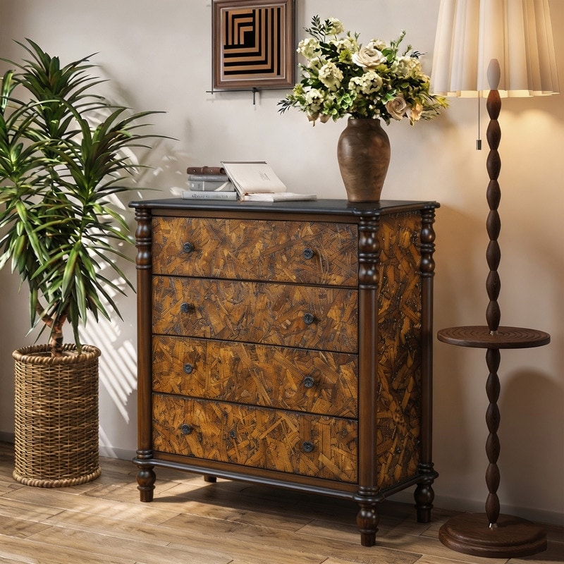 Farmhouse 4 - Drawer Dresser Closet with Solid Wood Feet for Bedroom, Hallway, Entryway