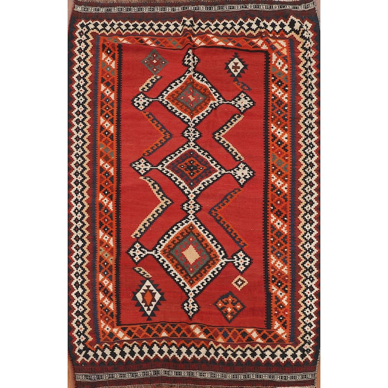 Red Kilim Qashqai Persian Vintage Area Rug Flatweave Wool Carpet - 5'0"x 7'6"