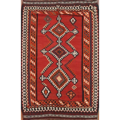 Red Kilim Qashqai Persian Vintage Area Rug Flatweave Wool Carpet - 5'0"x 7'6"