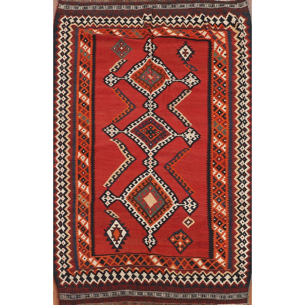 Red Kilim Qashqai Persian Vintage Area Rug Flatweave Wool Carpet - 5'0"x 7'6"