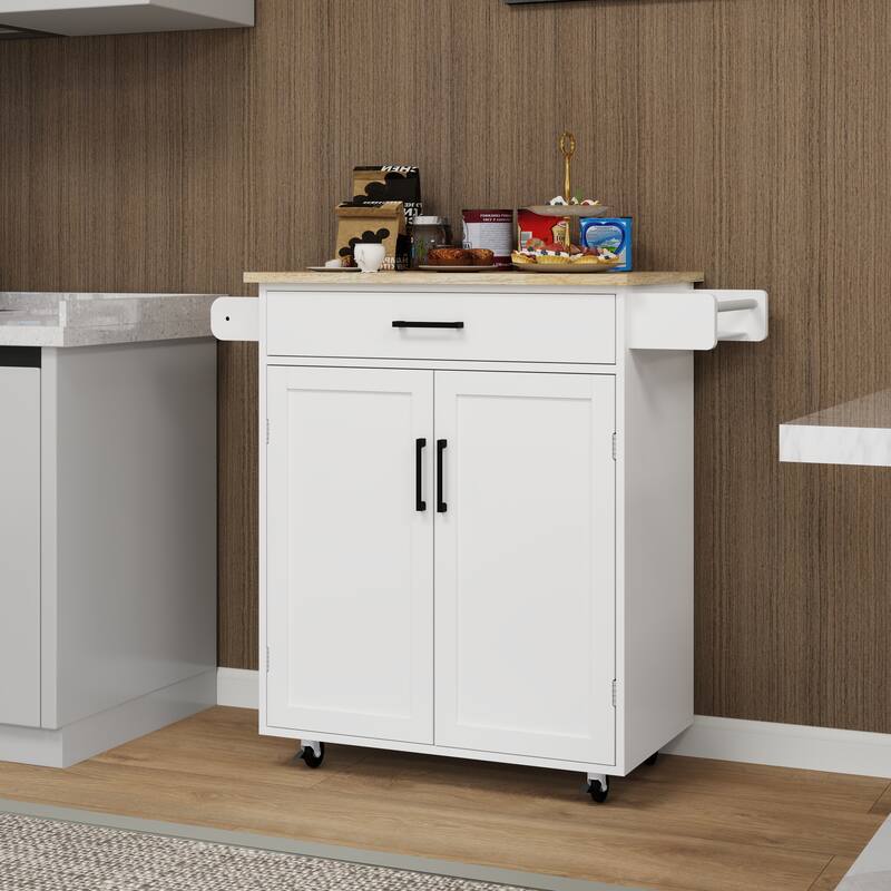 Anmytek Rolling Kitchen Island Cart Rubber Wood Top 1 Drawer 2 Doors Adjustable Shelves Towel Rack Seasoning Rack - White - Portable - Wood