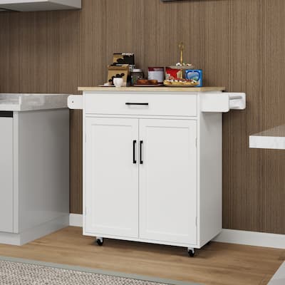 Kitchen Island Cart on Wheels with Drawer & 2 Doors, Rolling Cart with Wood Table Top, Storage Racks & Adjustable Shelves