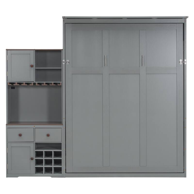 All-in-one Murphy Bed Queen Size Storage Bed Cabinet with Wine Rack, Glass Holder, Drawers, Open Shelves and LED Lights