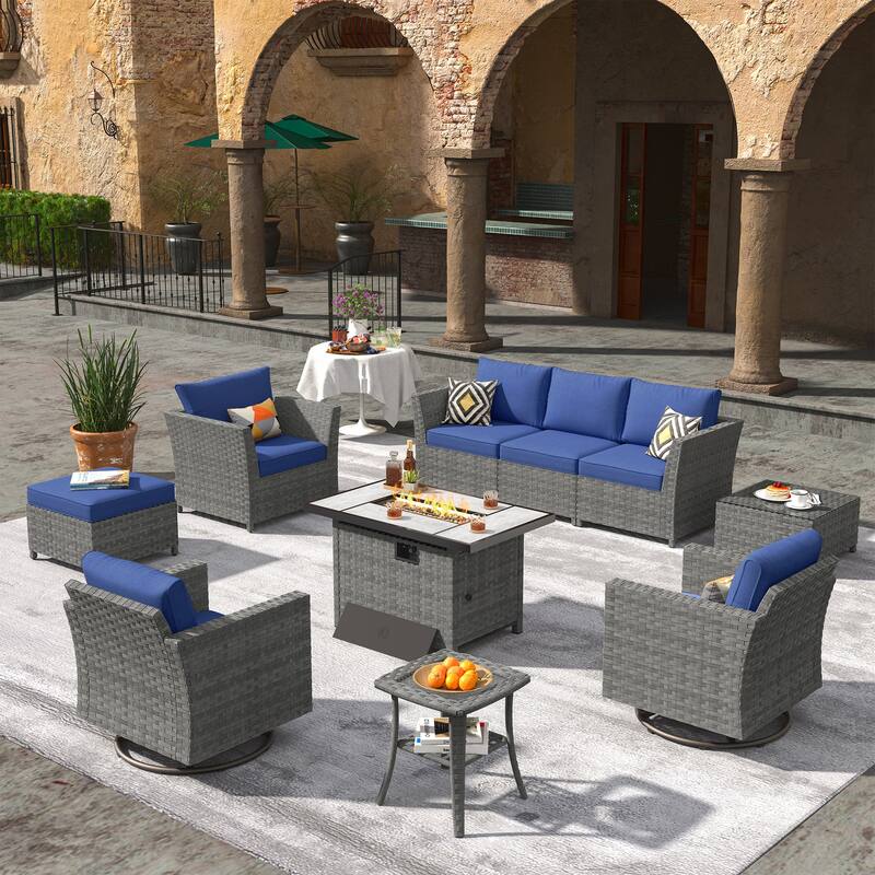 XIZZI 10-piece Outdoor Furniture Set Swivel Rocking Chair with Fire Pit - Navy Blue
