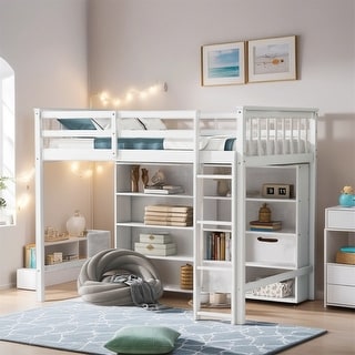 Twin Size Wood Loft Bed w/ 8 Open Storage Shelves and Built-in Ladder