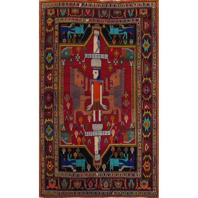 Hand Knotted Oriental 100% Wool Carpet Traditional Tribal Red Shiraz Area Rug - 7' 7'' X 4' 11''