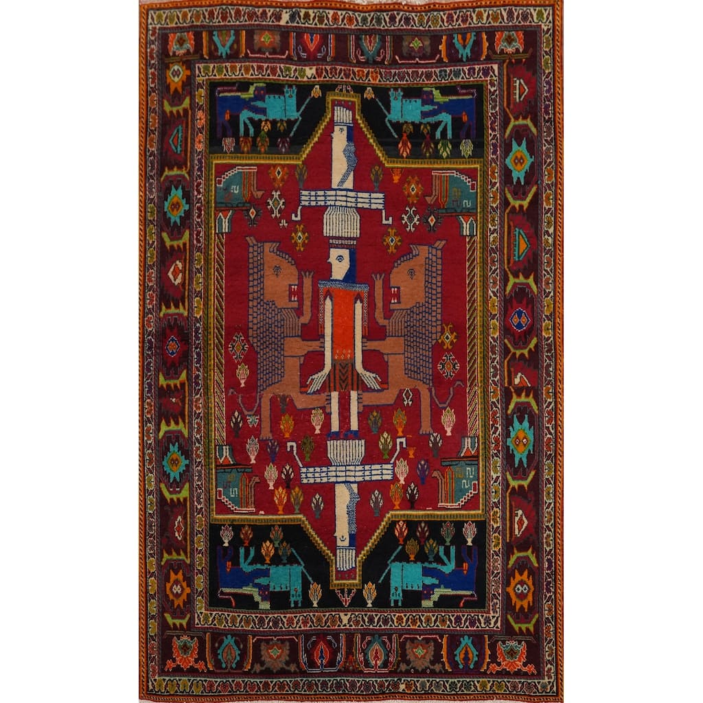 Hand Knotted Oriental 100% Wool Carpet Traditional Tribal Red Shiraz Area Rug - 7' 7'' X 4' 11''