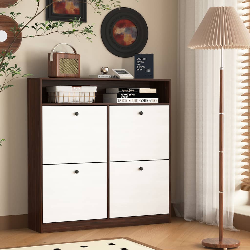 Shoe Storage Cabinet with 4 Flip Drawers , Shoe Rack Organizer Cabinet with wooden