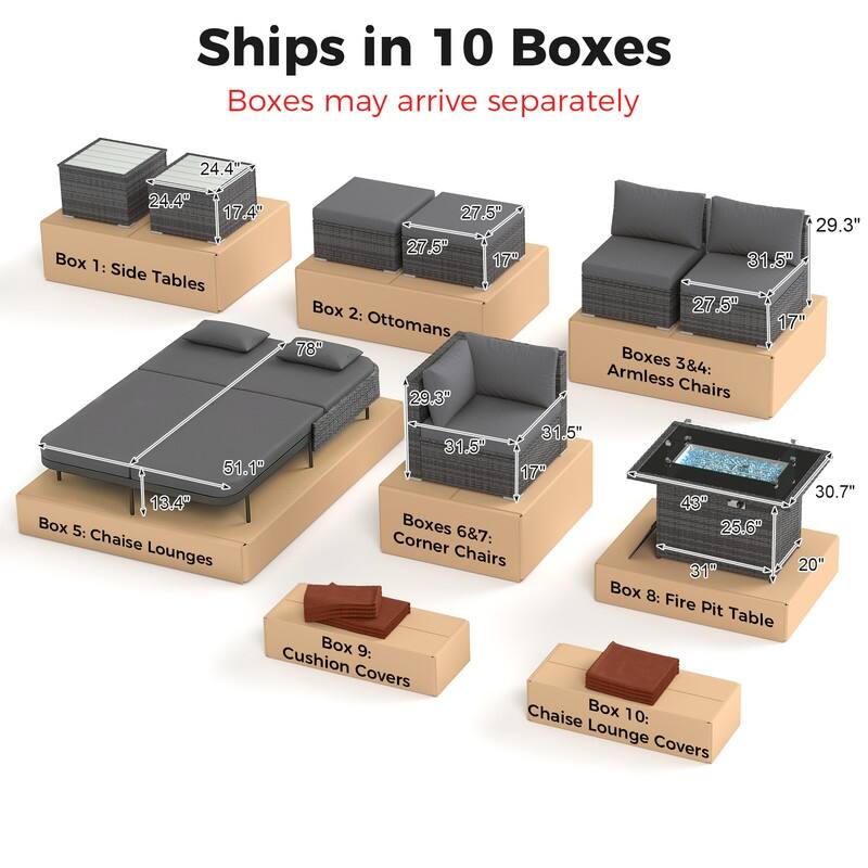 Outdoor Sectional Conversation Set PE Wicker with Double Chaise Lounge, 60,000 BTU Fire Pit Table