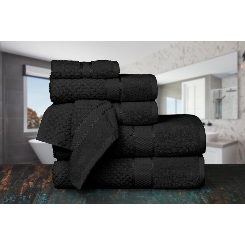 Towel Set of 6 Cotton Popcorn Textured by Ample Decor - 2Bath, 2Hand, 2Wash - Black
